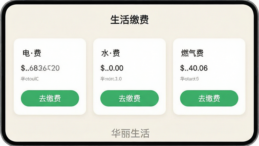 һ��չʾ�ֻ�Ӧ���ڽɷ�ҳ��Ľ�ͼ��ҳ�����Ϊ������ɷѡ���������ǳɫϵ����Ƭʽ���������г���ѡ�ˮ�ѡ�ȼ����������Ŀ��ÿ����涼�С�ȥ�ɷѡ�����ɫ��ť���ײ��С����������ˮӡ��ʶ�������Ű�������Ӿ���ˬ��ϸ��Բ�󣬻��ʸɾ��޶���Ԫ�ء�