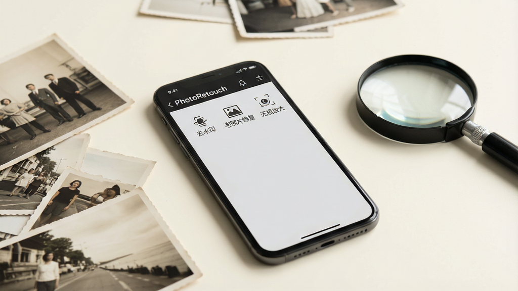 一张现代简约风格的摄影工作台,一台智能手机屏幕显示着 PhotoRetouch 应用主界面,界面以浅灰色为主,顶部有“去水印”、“老照片修复”、“无损放大”等清晰的功能图标,手机旁边散落着一些旧照片和放大镜,背景是柔和的米白色,整体布局干净专业,画质清晰,无多余元素。