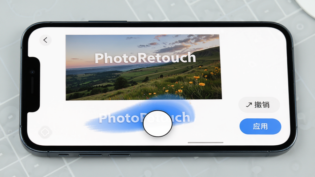 一部智能手机屏幕展示 PhotoRetouch 的去水印功能界面,界面上方是一张带有白色文字水印的风景照片,下方有涂抹笔刷的圆形光标正在覆盖水印文字,界面右侧有“撤销”和“应用”按钮,整体界面简洁明亮,笔刷轨迹为半透明蓝色,背景为浅灰色工作台,画质干净无多余元素。