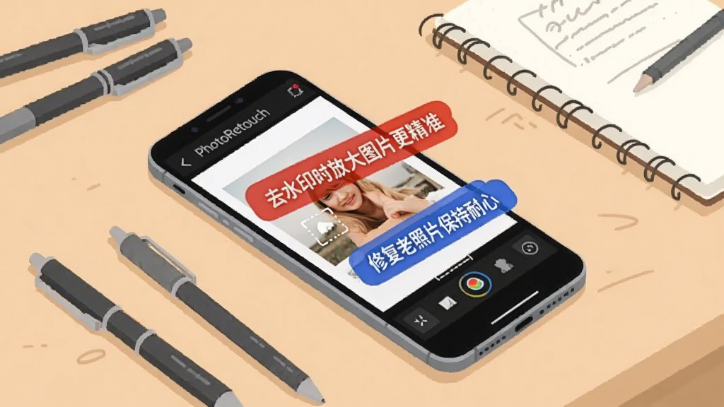 一部智能手机平放在桌面上,屏幕显示 PhotoRetouch 的照片编辑界面,有红蓝色的操作提示框标注“去水印时放大图片更精准”、“修复老照片保持耐心”等文字,手机周围散落着几支笔和一本笔记本,整体风格为简洁的扁平插画风,画质干净。