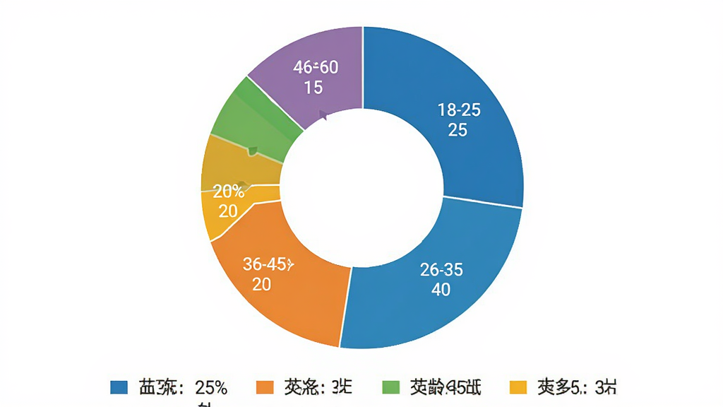 一张圆环图,展示 PhotoRetouch 用户年龄分布,18-25岁占25%,26-35岁占40%,36-45岁占20%,46-60岁占15%,每个色块标注清晰,图表下方有图例说明,整体风格简洁现代,背景为纯白色,画质干净。