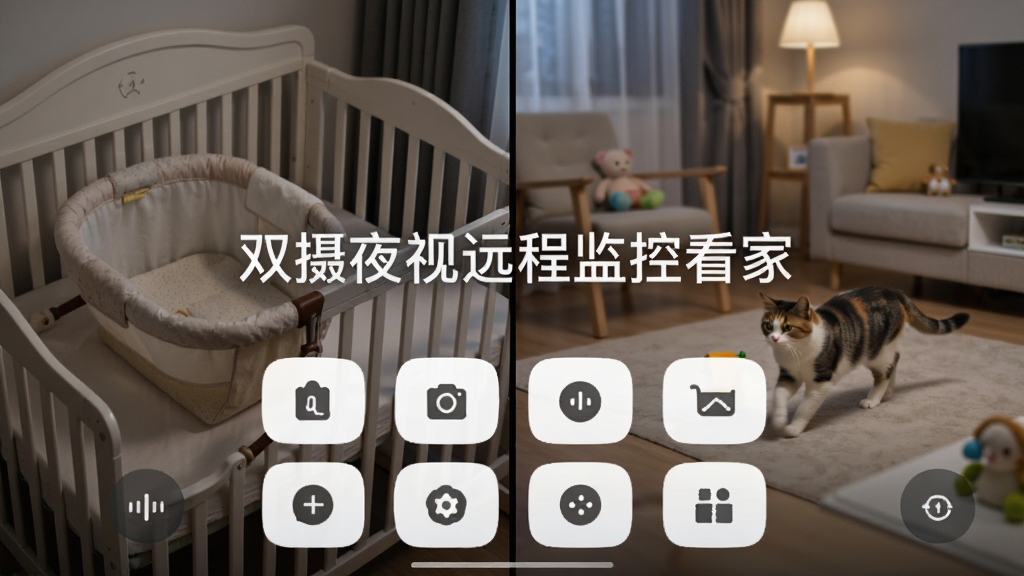 ˫��ҹ��Զ�̼�ؿ���App�ķ�����ػ��棬�����ʾһ��Ӥ������ҡ�����Ҳ���ʾ���п����г���è���ܶ�����Ļ�����а�ɫ���ֱ�ע��˫��ҹ��Զ�̼�ؿ��ҡ����·����Ź��ܰ�ťͼ���������룬���沼�����������ʸɾ��޶���Ԫ�ء�