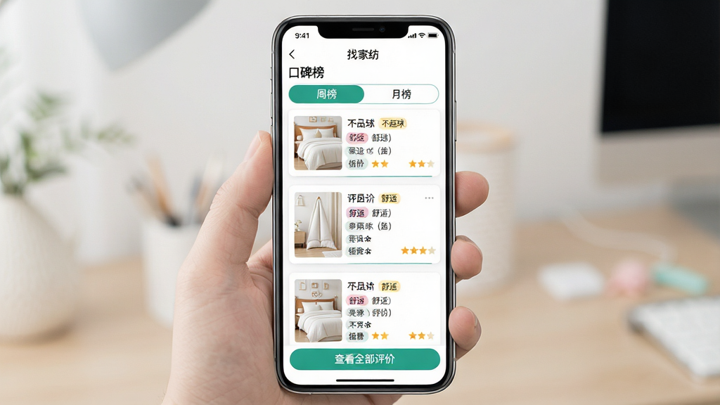 һ���ֻ���Ļչʾ���Ҽҷġ�APP�ġ��ڱ���ҳ�棬ҳ�涥���ǡ��ܰ񡱺͡��°��л����м���һ������Ʒ���ۿ�Ƭ��ÿ����Ƭ��ʾ��Ʒͼ�����۹ؼ��ʱ�ǩ���硰�����򡱡������ʡ��������֣��ײ��ǡ��鿴ȫ�����ۡ���ť������������������£����ʸɾ����޶���Ԫ�ء�