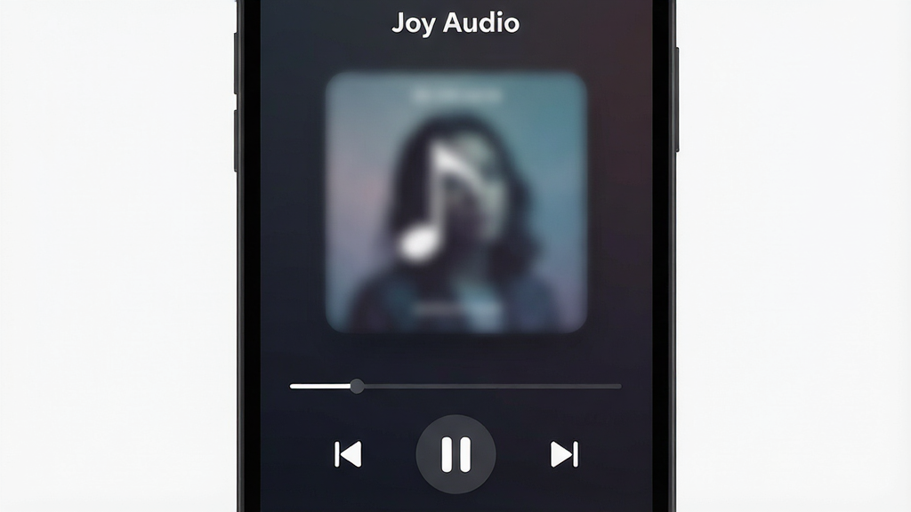 һ�������ֻ���Ļ����д����Ļ����ʾһ����Ϊ��Joy Audio�������ֲ�����Ӧ�ý��棬��������ɫ���䱳��Ϊ����������һ��ģ����ר�����棬�ײ��в��š���ͣ����һ������һ���ļ����ư�ť���������ִ���ƽ��ϸ��Բ�󣬻��ʸɾ����޶���Ԫ�أ�ͻ�����������衱�ķ�Χ�С�