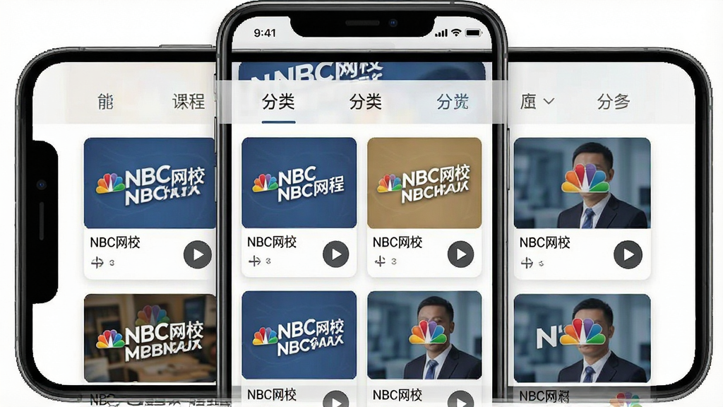 һ��չʾNBC��У��Ʒ�γ̿�Ľ����ͼ���������ֻ�APPҳ�棬����Ϊ���ർ�����Ϳγ̿�Ƭ�ٲ�����������NBC��У���γ��б����֣��������ֱ�ۣ�ϸ��ͻ���γ̷���ͼ�Ͳ��Ű�ť�����ʸɾ��޶���Ԫ��