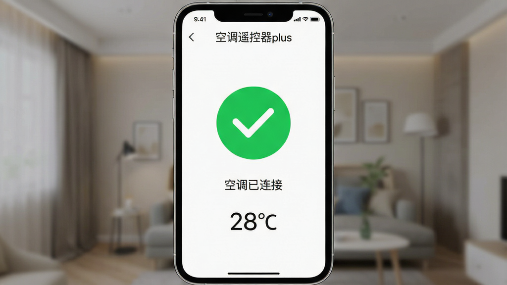 һ���ֻ�Ӧ�ý�ͼ�������ǡ��յ�ң����plus������Գɹ����棬��Ļ������ʾһ��������ɫ�Թ����·��С��յ������ӡ�����ʾ���֣�����ʾ��ǰ�����¶�Ϊ��28�桱�������࣬��ɫ���£����ʸɾ����޶���Ԫ�ء�