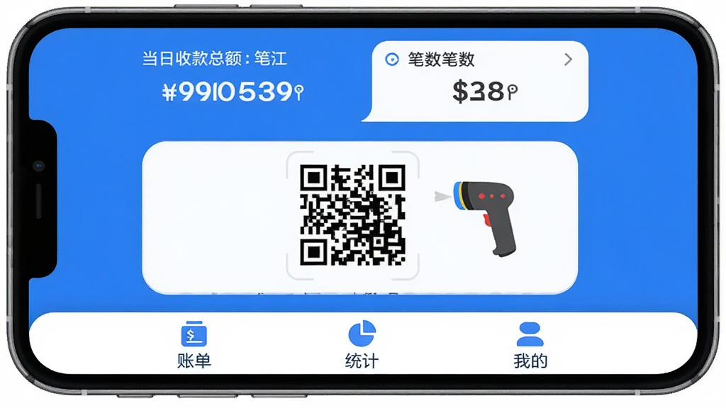 ͼƬչʾ�������ƹ�App���ֻ��ϵ�������ȫò������������Ϊ��ɫ����������ʾ�����տ��ܶ�ͱ������м����տ��ά���ɨ��ǹͼ�꣬�ײ�Ϊ�˵���ͳ�ƺ��ҵ�����ѡ������岼�����������ֱ�ǩ��ȷ������ִ���ƽ��ϸ��Բ�󣬻��ʸɾ��޶���Ԫ��