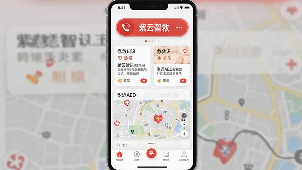 һ���ֻ���ͼ����ͼƬ�������ǡ������Ǿȡ�App�����������棬����Ϊ���½ṹ����������Ŀ�ĺ�ɫ�������а�ť�͡������Ǿȡ��������м��Ǽ���֪ʶ��Ƭ�͸���AED��ͼ���ײ��ǹ��ܵ��������Ű�ɾ�����������ִ���ƽ��ϸ��Բ�󣬻��ʸɾ��޶���Ԫ�ء�