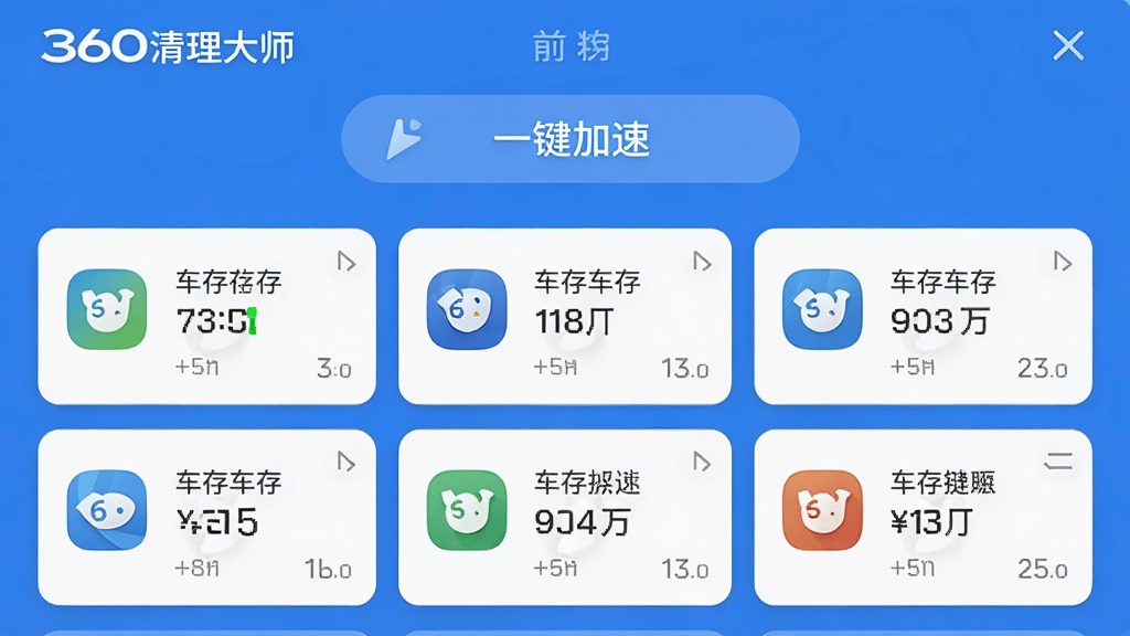 ��360������ʦ�����ֻ����ٹ��ܽ��棬��Ļ���ж���������е�Ӧ�ÿ�Ƭ��ÿ����Ƭ��ʾ�ڴ�ռ����ֵ���Ϸ��С�һ�����١���ť������ƽ������ɫ������ϸ�����������ʸɾ���