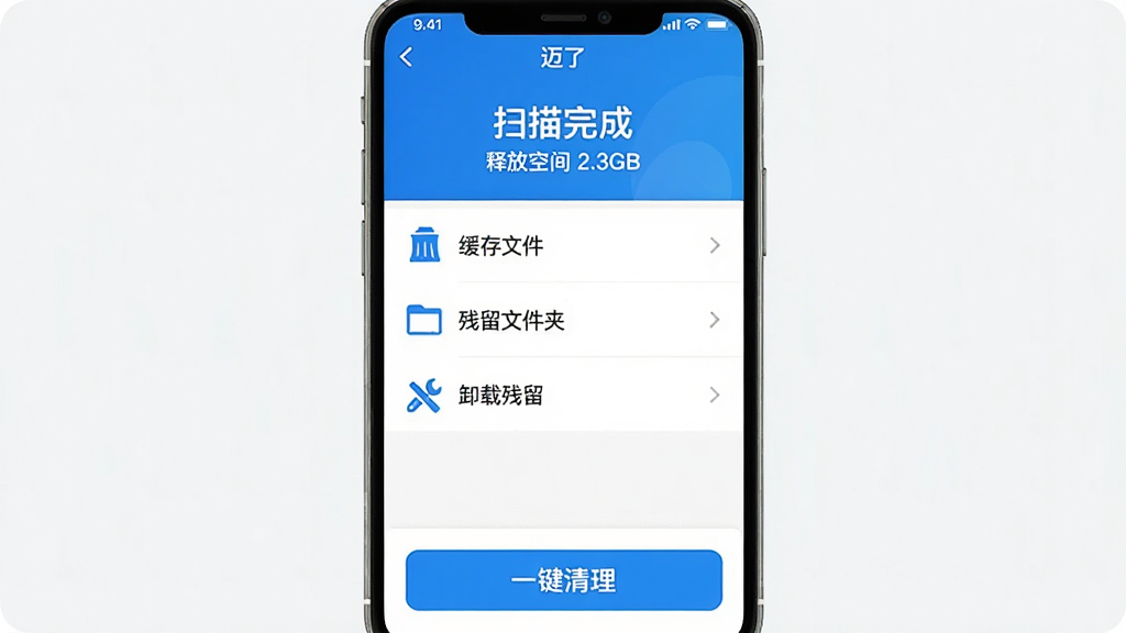 չʾ�����ˡ�Ӧ���ڲ��������������棬������ʾ��ɨ����ɡ��͡��ͷſռ� 2.3GB�����������м��Ƿ����б��������������ļ������������ļ��С�����ж�ز������ȣ��ײ�����Ŀ�ġ�һ����������ť������������Ϊ��ɫ��������࣬���ʸɾ����޶���Ԫ�ء�