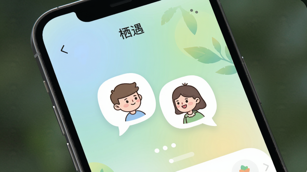 一张手机屏幕展示“栖遇”App的主界面,画面中央是两个卡通人物头像在气泡中交谈,背景是柔和的渐变色,界面简洁流畅,风格清新自然,画质干净无多余元素。