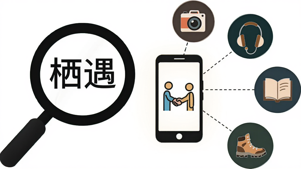 插画风格图片,画面左侧是带有“栖遇”文字的放大镜,右侧是多个圆形图标,每个图标代表不同兴趣如相机、耳机、书本、登山鞋,它们通过虚线连接到中间的一个亮起的手机屏幕,屏幕上有两个握手的简笔小人,整体布局清晰,风格现代扁平,画质干净无多余元素。