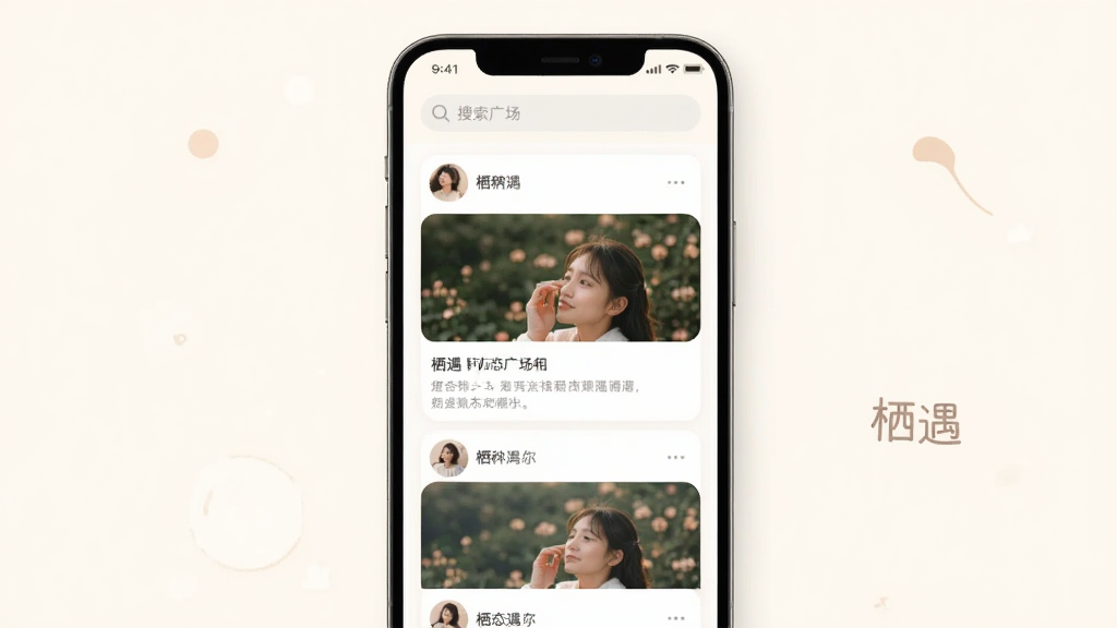 手机竖屏界面展示“栖遇”的动态广场,顶部有搜索栏,下方是卡片式瀑布流,卡片上包含用户头像、昵称、图片和文字内容,色彩柔和,背景干净,整体风格温馨,画质清晰无多余元素。