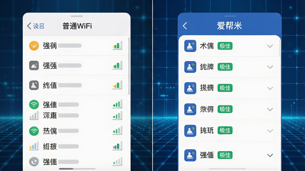 һ���Ա�ͼ���������ͨWiFi�б����棬�ź�ǿ����һ�����л��ң��ұ��ǡ������ס�����ѡ�б����棬���ź�ǿ���ɸߵ����������У���ѡ���ȵ������Դ�����ɫ�����ѡ���ǩ������Ϊ�Ƽ�����ɫ���������Ű�����ֱ�ۣ���������ˣ�����ϸ��ɾ����޶���Ԫ��