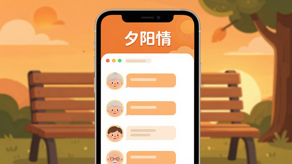 生成一张手机应用宣传图,主体是“夕阳情”APP界面,界面设计简洁温馨,主色调为暖橙色和白色,顶部显示“夕阳情”三个字,中间是几个卡通老人头像的聊天列表,背景是夕阳下的公园长椅,整体布局居中,扁平化风格,细节圆润,画质干净无多余元素