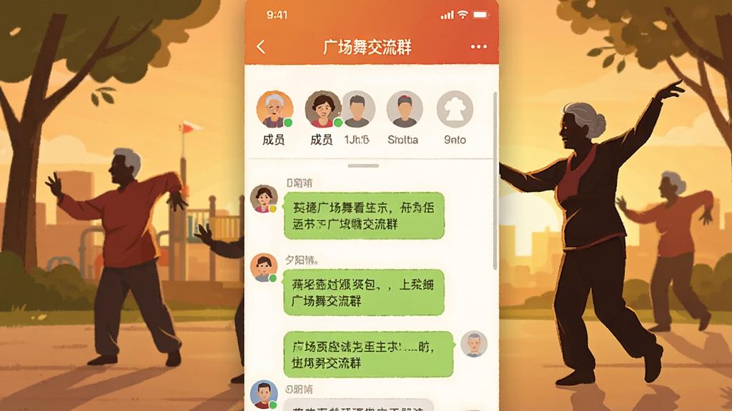生成一张群组聊天界面,主体是“夕阳情”APP的兴趣群组页面,顶部显示群名称“广场舞交流群”,下方是成员列表和聊天消息,背景是公园里跳舞的老人剪影,整体排版清晰,暖色调,扁平化风格,细节丰富,画质干净