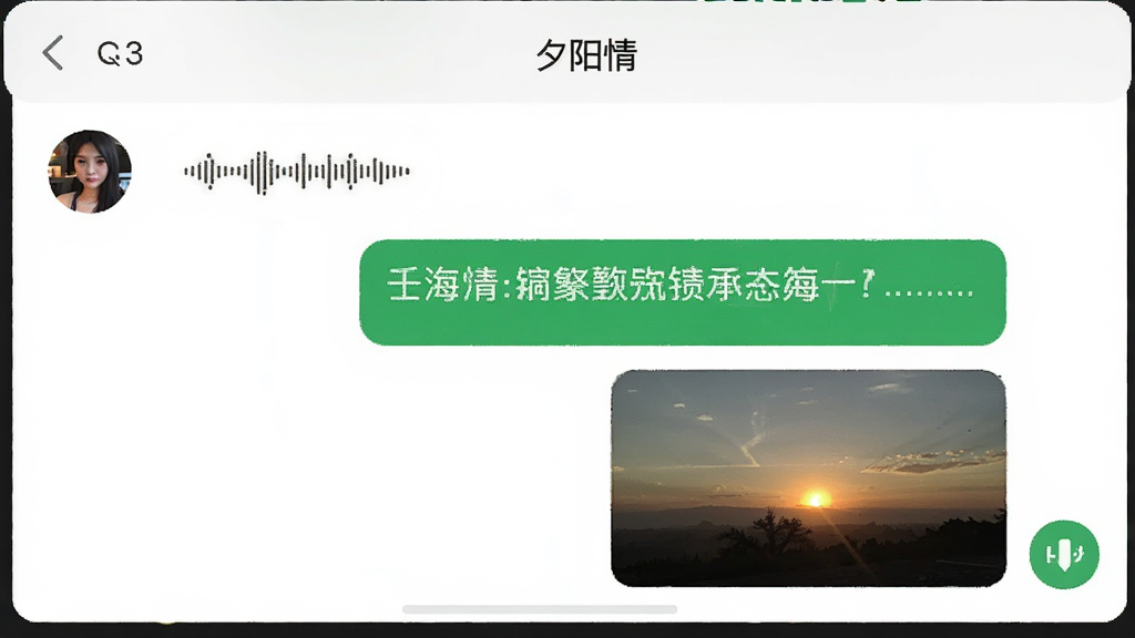 生成一张聊天界面截图,主体是“夕阳情”APP的对话框,左侧是对方发来的语音消息和文字,右侧是自己回复的图片,字体偏大,界面以白色为主,绿色按钮点缀,布局简洁,扁平化设计,画质干净