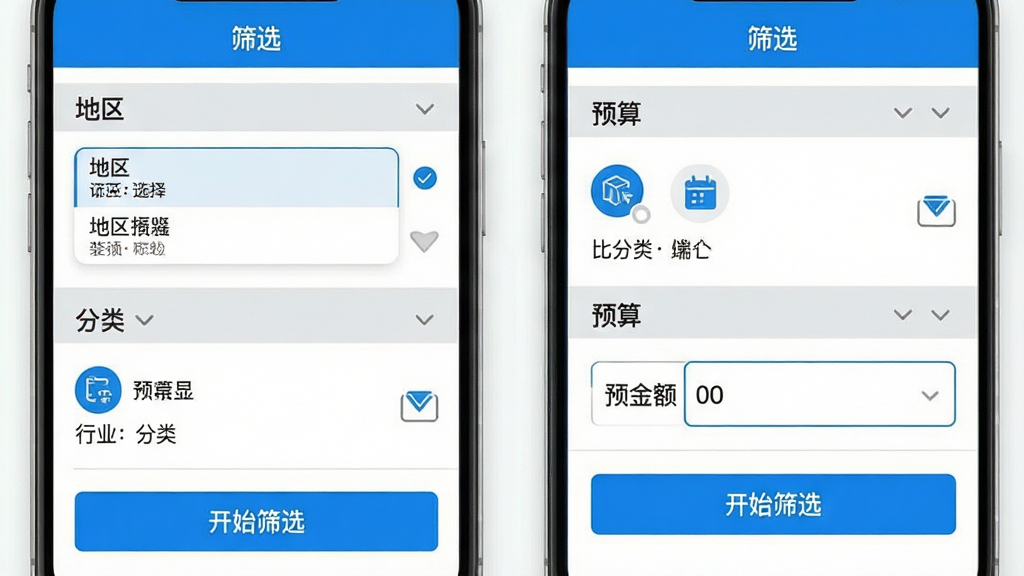 ���壺�ȵ��б�app��ɸѡ���棬��Ļ��ʾ���ɸѡѡ���������ѡ���б�����ҵ����ͼ�ꡢԤ��������򡣲��֣��������е�ɸѡ�ÿ��ѡ���Ա���չ����ͷ�������˵����ײ��С���ʼɸѡ����ť���Ű棺�����ķ����ǩ����ɫ�ָ��ߣ�������ɫ������񣺹����ͽ�����ƣ�ֱ���ײ�����ϸ�ڣ���Ļ�����С�ɸѡ�����⣬����ɸѡ�������ƺ�ѡ��״̬�����ɼ������ʣ���������ͼ���ɾ����޶���Ԫ�ء�