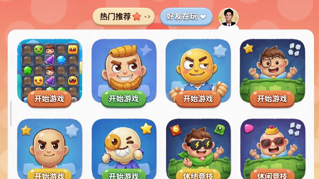 չʾ��������������Ϸ���Ľ����ͼƬ����Ļ��չʾ���С��Ϸ�ķ�������ͼ�����������ࡢ����������о����࣬ÿ�����涼���С���ʼ��Ϸ����ť������ɫ�ʷḻ���������룬�����С������Ƽ����͡��������桱���������ǩ����������ã�ϸ��Բ�󣬻��ʸɾ����޶���Ԫ�ء�