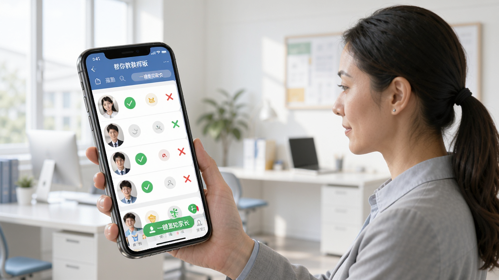 教师正在使用“帮你教教师版”手机应用查看班级考勤,屏幕显示学生头像列表和出勤状态图标(绿勾/红叉),旁边有“一键通知家长”按钮,背景为明亮办公室,界面UI清晰,风格写实,画质干净无多余元素。