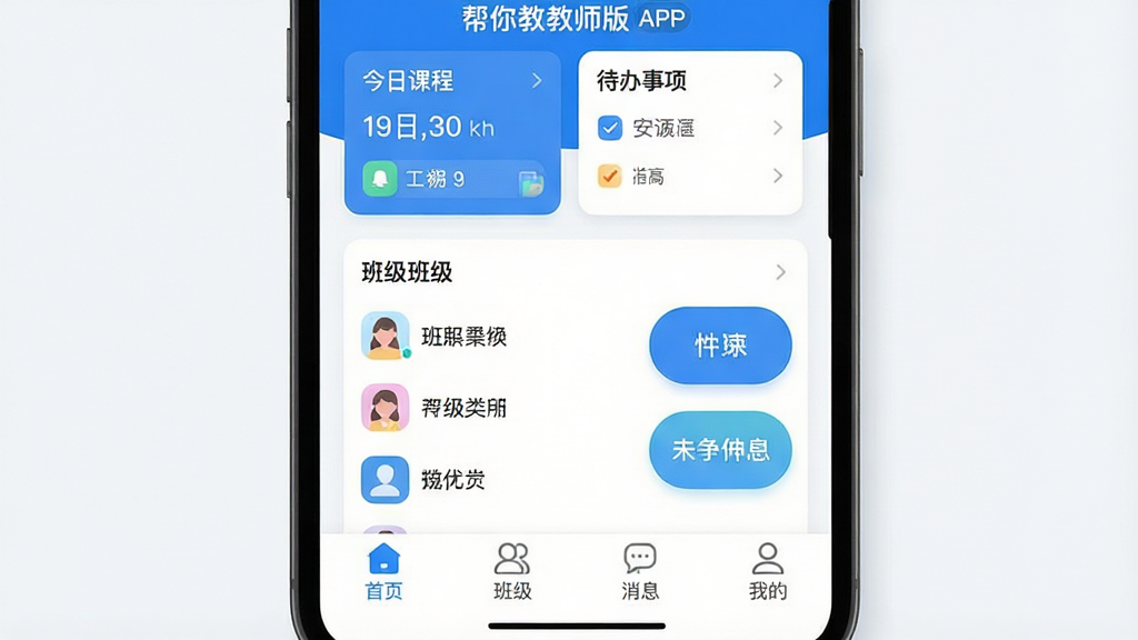 一张手机屏幕特写,居中展示“帮你教教师版”APP主界面,界面以蓝白为主色调,顶部显示“今日课程”和“待办事项”卡片,中部是班级列表和快捷操作按钮,底部导航栏清晰标有“首页、班级、消息、我的”,整体风格简洁现代扁平化,图标圆润细腻,画质高清干净无多余元素。