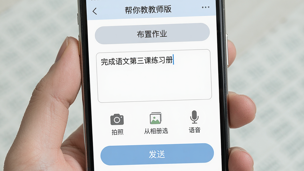 手机屏幕展示“帮你教教师版”的作业发布页面,上方有“布置作业”标题栏,下方输入框内有示例文字“完成语文第三课练习册”,底部有“拍照”“从相册选”“语音”三个图标按钮和“发送”按钮,界面简洁,色彩柔和,画质干净无多余元素。