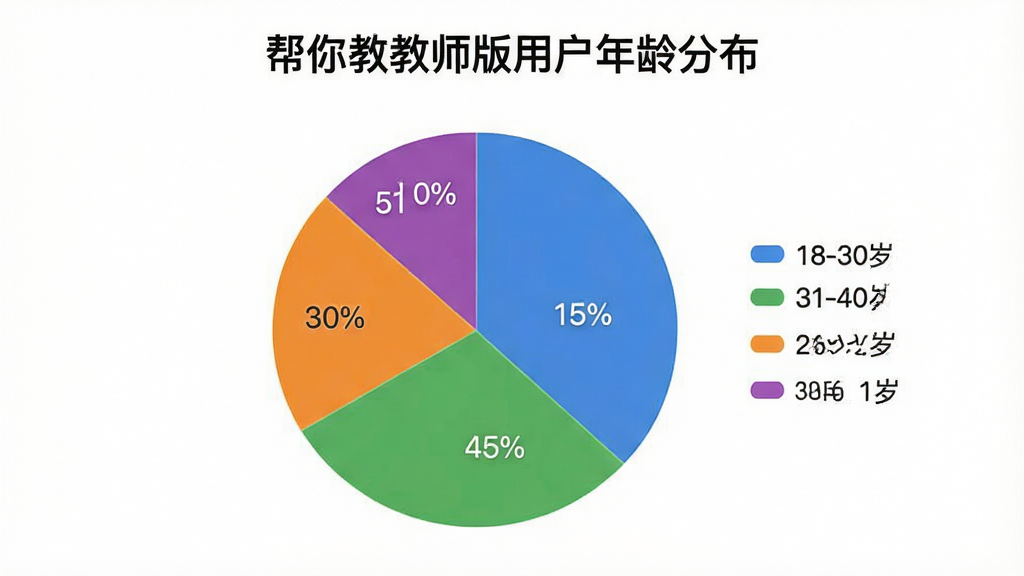 一张饼状图,标题为“帮你教教师版用户年龄分布”,分为四段:18-30岁占15%,31-40岁占45%,41-50岁占30%,51-60岁占10%,分别用蓝、绿、橙、紫色表示,图例清晰,风格简洁现代,画质干净无多余元素。
