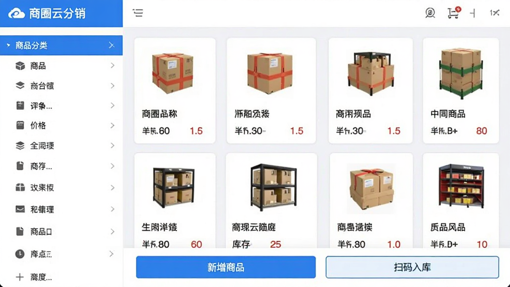 һ�Ų�������ͼ����ʾ����Ȧ�Ʒ���������Ʒ������ҳ�棬�������Ʒ�����б����Ҳ�����Ʒ��Ƭ��ÿ�ſ�Ƭ��ʾ��ƷͼƬ�����ơ��۸�Ϳ�����֣��ײ��С�������Ʒ���͡�ɨ����⡱��ť������������Ϊ��ɫ��������������Ű����룬���ʸɾ�