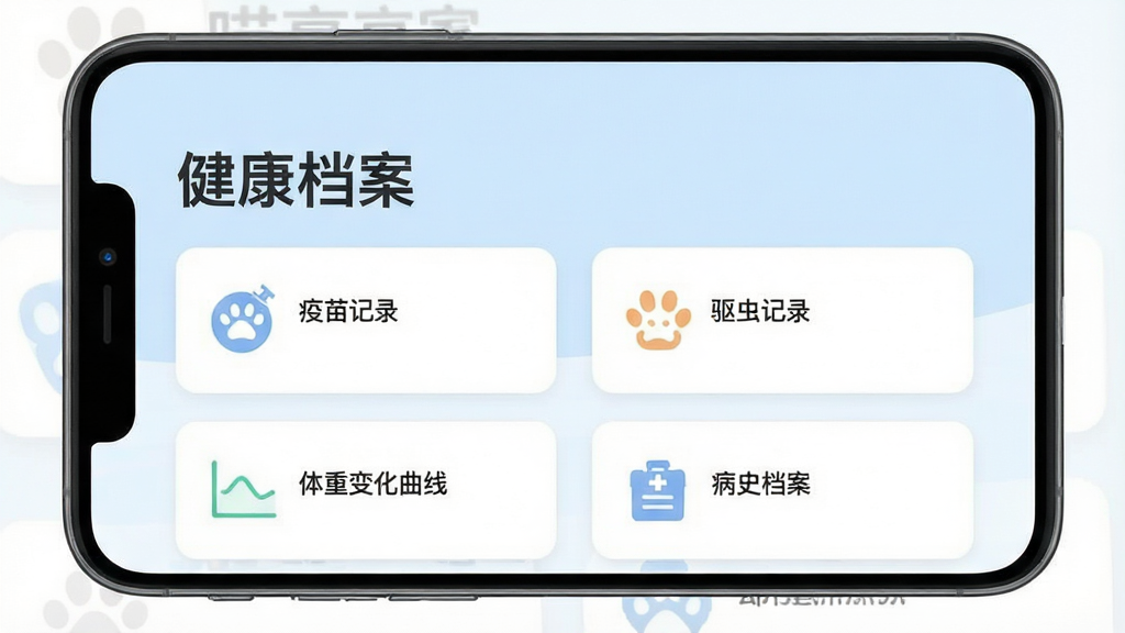 一张手机截图样式的图片,展示“喵享家”App的健康档案页面,背景是淡蓝色,顶部有“健康档案”四个大字,下方以卡片形式排列着“疫苗记录”、“驱虫记录”、“体重变化曲线”和“病史档案”,每个卡片上都有小图标,整体界面简洁清晰,现代扁平风格,画质干净无多余元素。