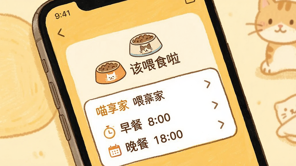 一张展示智能手机界面的图片,屏幕中显示“喵享家”的喂养提醒通知,上方有猫粮碗的图标和“该喂食啦”的文字,下面列出“早餐 8:00”、“晚餐 18:00”的规划时间表,背景是暖黄色,风格温馨手绘,细节丰富,画质干净。