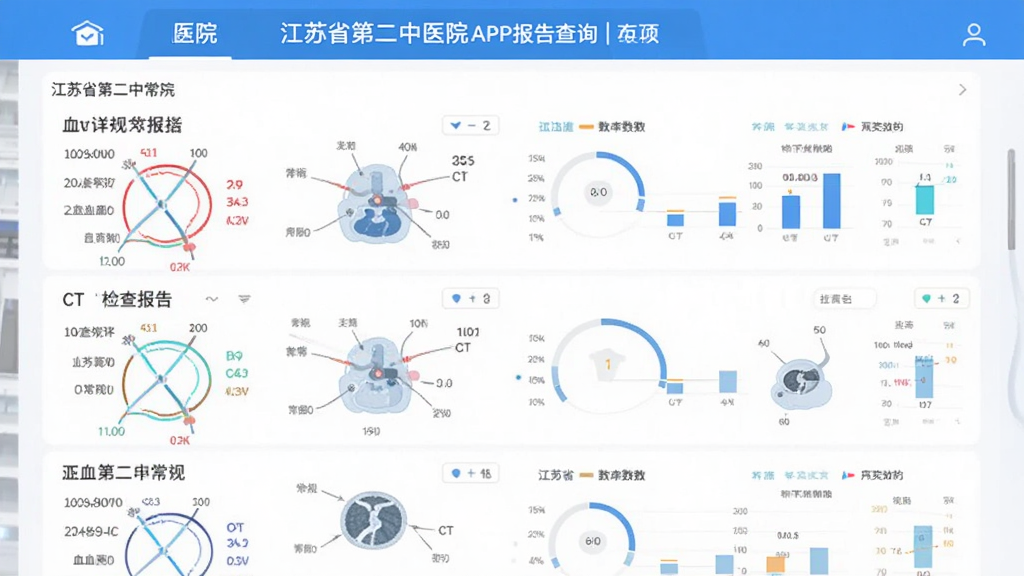 ����ʡ�ڶ���ҽԺAPP�����ѯҳ�棬չʾѪ���桢CT�ȼ�鱨���б�������ɲ鿴��ϸ��ֵ����������������ͼ����չʾ�����׷�񣬻��ʸɾ���