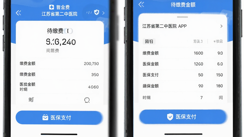 ����ʡ�ڶ���ҽԺAPP�ɷѽ��棬��ʾ���ɷѽ�����ϸ���ײ���ҽ��֧����ť�������࣬��ȫ��ʶ��������ɫ�����ʸɾ���