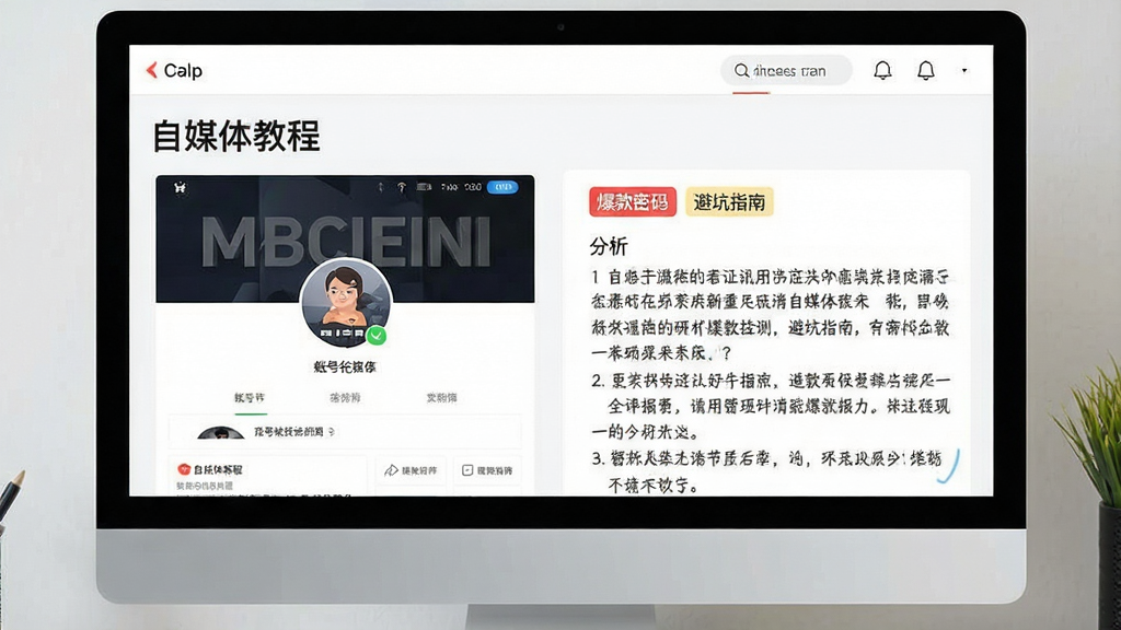 一张电脑屏幕截图风格的图片,屏幕显示“自媒体教程”App内的案例拆解页面,左侧是账号主页截图,右侧是文字分析笔记,页面上有“爆款密码”和“避坑指南”标签,整体风格简洁专业,画质干净无多余元素