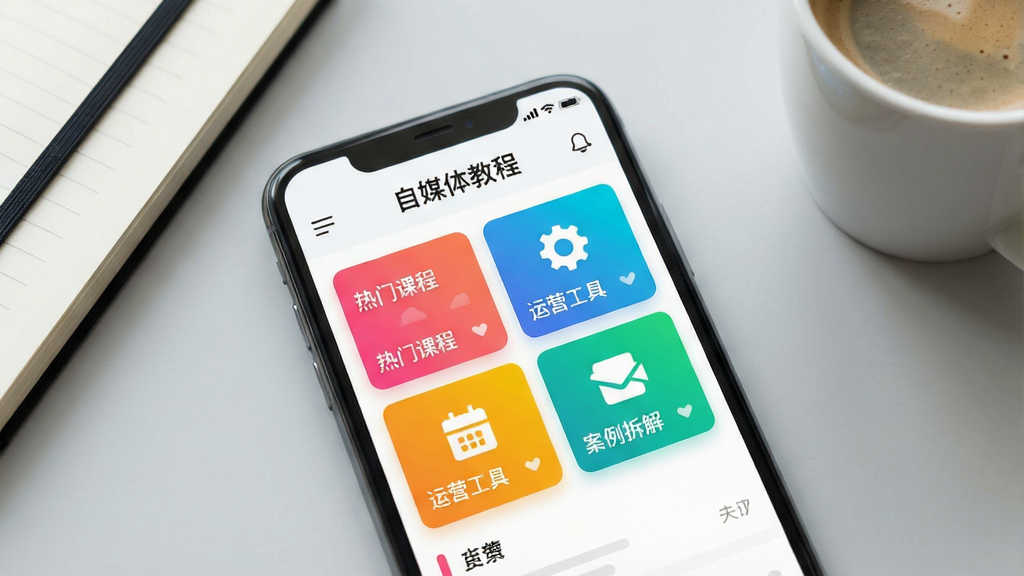 一张智能手机屏幕特写,屏幕上清晰显示“自媒体教程”App主界面,界面包含“热门课程”、“运营工具”、“案例拆解”等彩色卡片,背景为浅灰色桌面,手机旁边放着一本笔记本和咖啡杯,整体风格明亮写实,画质干净无多余元素