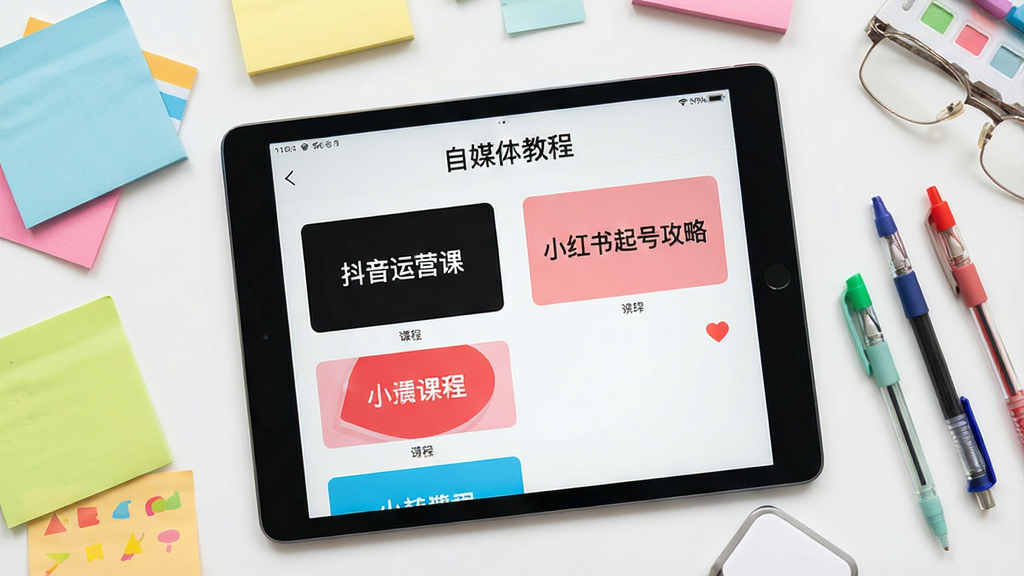 一张俯拍图片,画面中一台平板电脑显示“自媒体教程”App的课程列表,屏幕上有“抖音运营课”、“小红书起号攻略”等字样,周围散落着彩色便签和笔,桌面整洁明亮,构图清晰,画质干净无多余元素