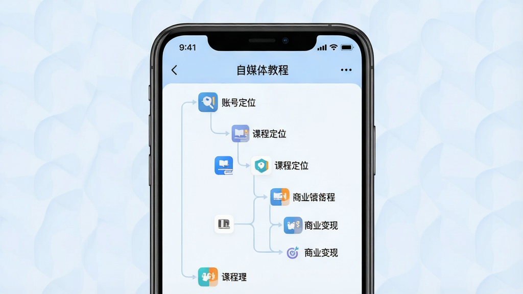 一张手机应用界面图,显示“自媒体教程”App的知识树状目录,从“账号定位”到“商业变现”层层展开,每个节点有对应的课程图标,背景为淡蓝色,界面清爽,线条流畅,画质干净无多余元素