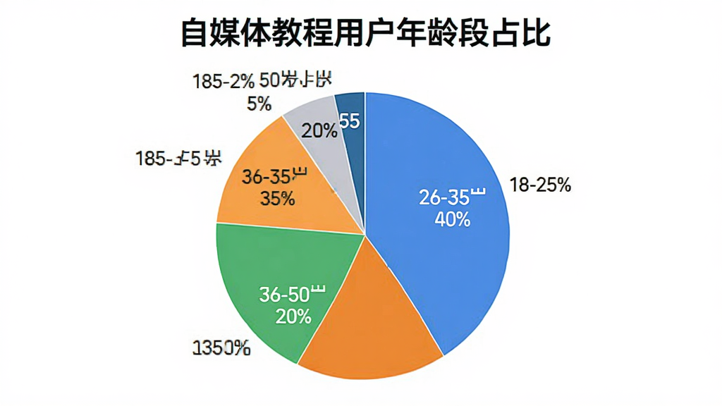 饼状图显示用户年龄分布,18-25岁占35%,26-35岁占40%,36-50岁占20%,50岁以上占5%,图表底色为白色,标题为“自媒体教程用户年龄段占比”,数据标签清晰,风格简洁商业风,画质干净无多余元素