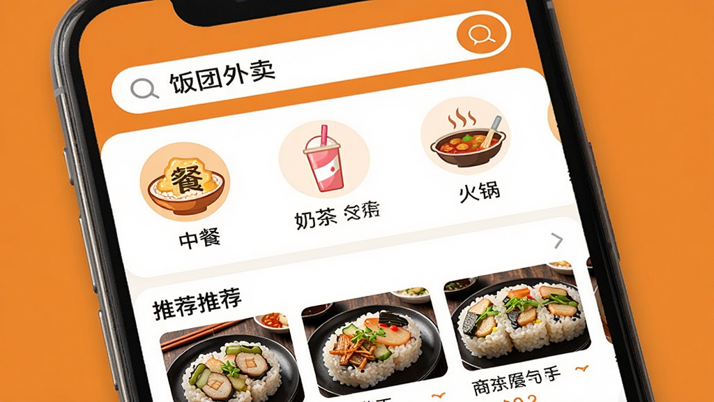 һ���ֻ���Ļչʾ��������APP�����棬�Ϸ�������д�š��������������м�����ʳ����ͼ�����в͡��̲衢������·����Ƽ����̼��б������������ִ�����ů��ɫ�Ͱ�ɫΪ��ɫ�������������ɾ����޶���Ԫ�أ����ʸ��塣
