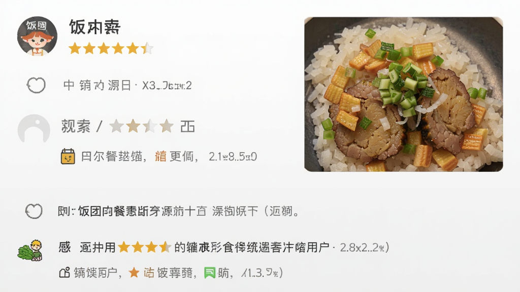 ��������APP������ҳ�棬��ʾ�û���ĳ�Ҳ������Ǽ����ֺ�ͼ�����ۣ�����һ��ʳ��ʵ����Ƭ���������򱳾�Ϊǳ��ɫ�������������������࣬���дʵ�����ʸ��塣