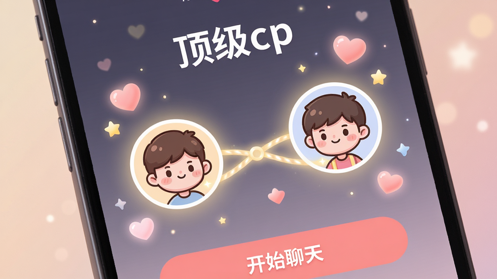 һ���ֻ�App�������дͼ����Ļչʾ������cp����ƥ��ɹ�������������ͨ����ͷ��ͨ��һ�����������������һ�𣬱�������͵İ��ĺ�������Ч������ײ��С���ʼ���족�İ�ť�����������ܰ�ɰ���ɫ�����£����ʸ��壬�޶���Ԫ�أ�ǿ��������cp����ƥ�书�ܡ�