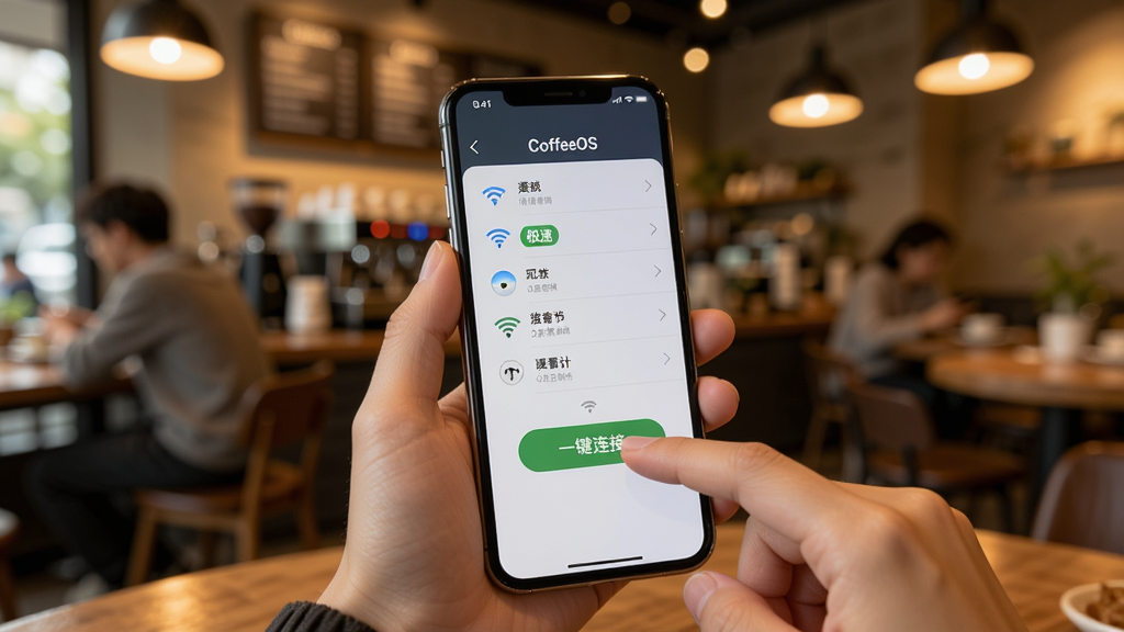 һ�����ֳ��ֻ��ڿ������ڣ��ֻ���Ļ��ʾ��CoffeeOS����WiFi�б����棬����ĳ�������������С����١���ɫ��ǩ����ָ�������һ�����ӡ���ť��������ģ���Ŀ�����������ůɫ���ƹ⣬��������ͻ���ֻ���Ļ���ݣ���ͼ���������дʵ�����ʸɾ���