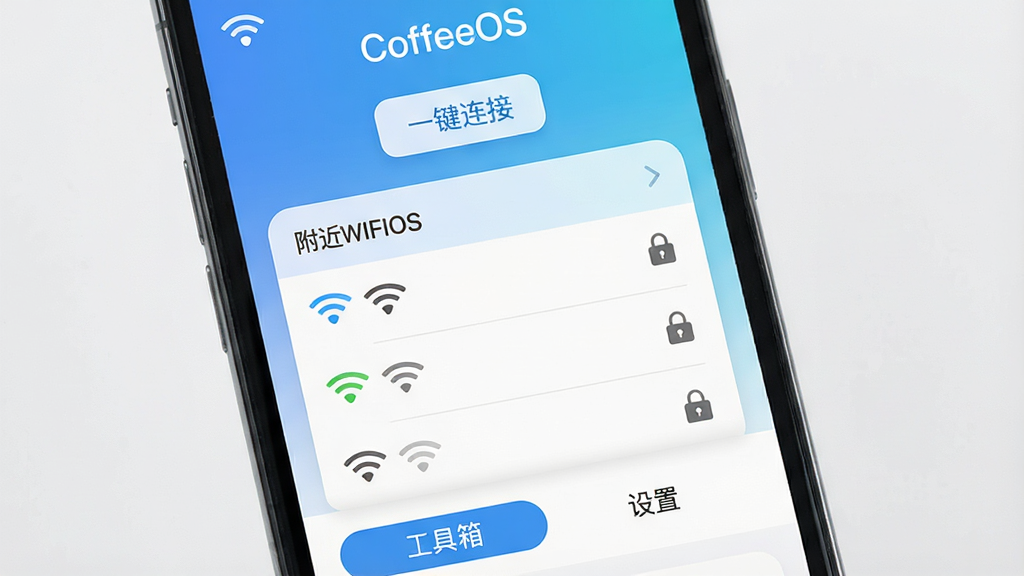 һ�������ֻ���Ļ����д����Ļ������ʾ��CoffeeOS����App�����棬���������µ����׽���Ϊ��ɫ����������WiFi�ź�ͼ��͡�һ�����ӡ���ť���в��Ǹ���WiFi�б���ÿ������ź�ǿ��ͼ������α�ǣ��ײ��С������䡱�͡����á�����ѡ������岼�ּ���ִ�����ƽ�����Բ�ǿ�Ƭ��ƣ����ʸ���ɾ����޶���Ԫ�ء�