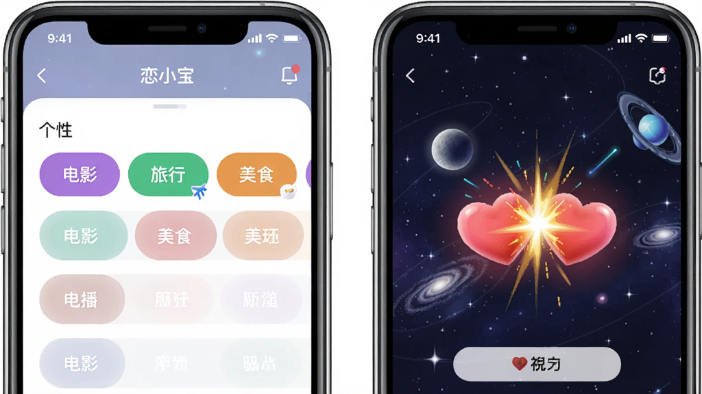 �����ֻ���Ļ����չʾ��С��App��ƥ�书�ܣ������Ļ��ʾ���Ա�ǩѡ����棬�С���Ӱ���������С�������ʳ���Ȳ�ɫ��ǩ���Ҳ���Ļ��ʾƥ��ɹ���ף�ض��������Ű�����ײ���𻨣�����Ϊ�ǿ����棬������Ƽ���ʮ�㣬����ϸ��ɾ���
