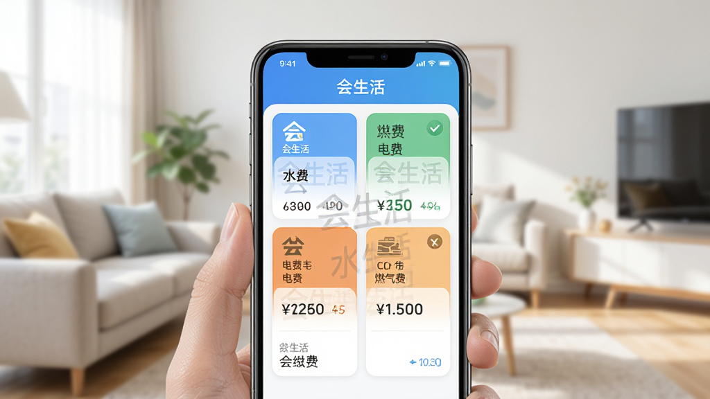 չʾ�������APP������ɷѹ��ܽ��棬����Ϊ�ֻ���Ļ��д����Ļ����ʾˮ�ѡ���ѡ�ȼ���ѵȶ���ɷѿ�Ƭ����Ƭ���С��������ˮӡ�ͽɷѽ������������Ŀ������������дʵ���������ʸɾ����޶���Ԫ�ء�