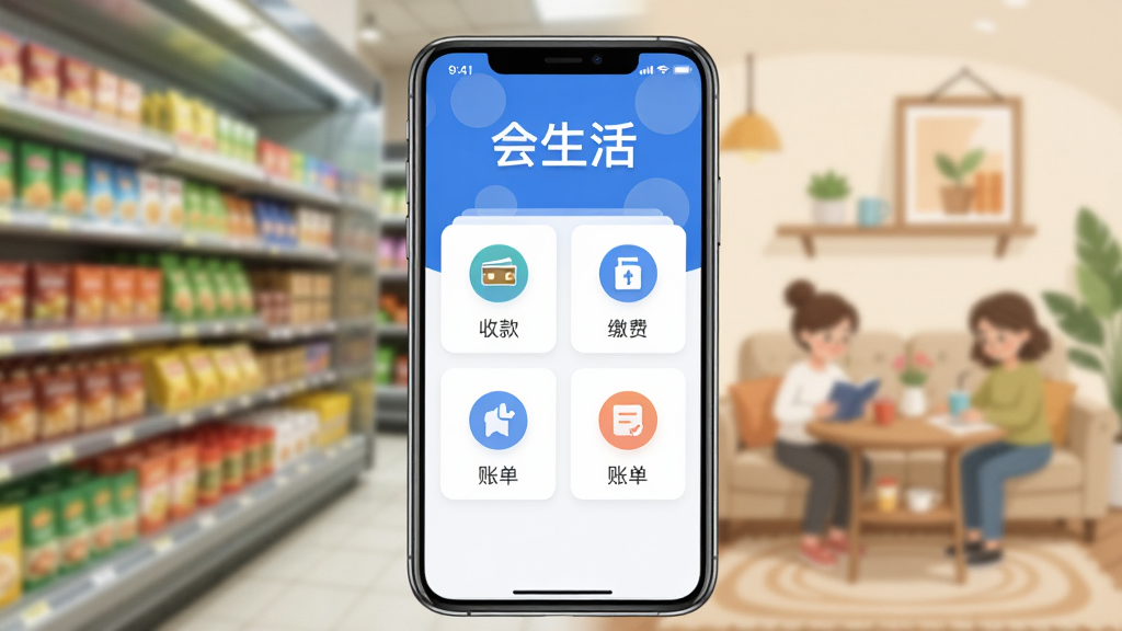 ͼƬչʾ�������APP�����幦�ܳ���������������һ�������ֻ���Ļ��ʾ�����棬�����С����������������������Ϊ��ɫ�����·������š��տ���ɷѡ����˵�����ͼ�꣬������ģ�����ճ�������糬�С���ͥ������ƽ�ִ���ϸ�����������ʸɾ��޶���Ԫ�ء�