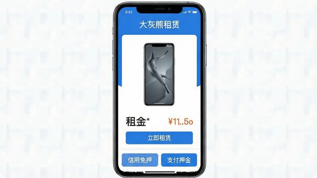 一张手机租赁APP的界面截图模拟图,顶部显示“大灰熊租赁”字样,中间展示一台智能手机的商品详情页,包含设备照片、租金价格和“立即租赁”按钮,底部是“信用免押”和“支付押金”两个选项,整体UI设计简洁清晰,蓝色主调,画质干净无多余元素