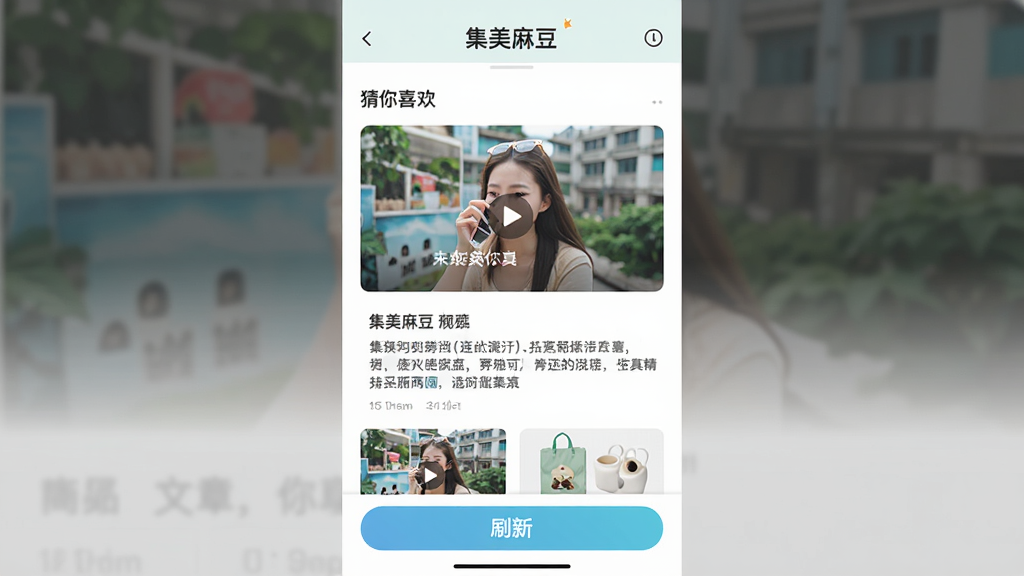 һ�š������鶹�����Ƽ�����ʾ��ͼ��չʾ��ҳ��Ϣ���С�����ϲ������飬������Ƶ�����¡���Ʒ�Ȳ�ͬ��Ƭ��ÿ�ſ�Ƭ������ͼ�ͱ��⣬ҳ��ײ���ˢ�°�ť������������£�ɫ�����죬���ʸɾ����޶���Ԫ�ء�