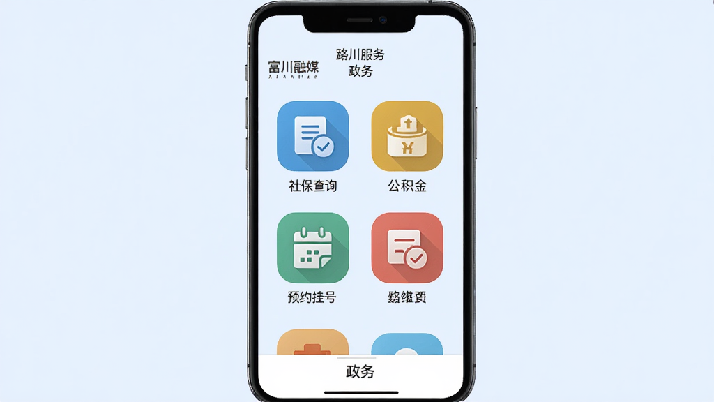 ���壺�����ֻ�չʾ��������ý��APP�ġ����񡱷����顣���֣��ֻ���Ļ����ͼ��������ʽչʾ���籣��ѯ�����������𡱡���ԤԼ�Һš��ȹ�����ڡ��Ű棺ͼ��ΪԲ�Ƿ��Σ��·���������˵������񣺼���UI��ƣ�����Ϊ����ɫ��ϸ�ڣ�ÿ��ͼ�궼�в�ͬ��ɫ���Ӿ����������֡����ʣ��ɾ����޶���Ԫ�ء����֣��ײ��С����񡱲˵�����