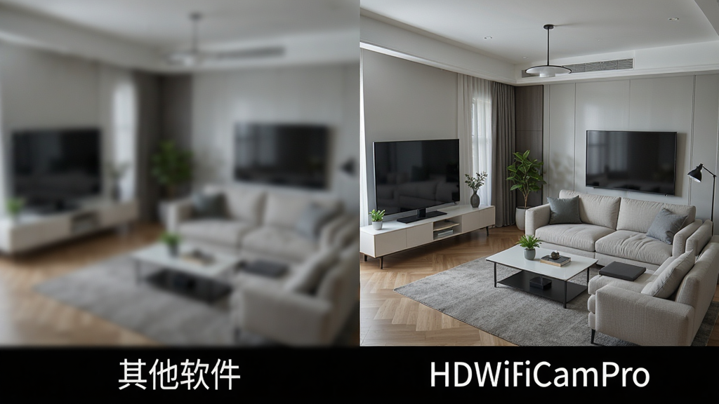 高清画面前后对比图,左侧是模糊的监控画面标注“其他软件”,右侧是清晰细腻的监控画面标注“HDWiFiCamPro”,右侧画面色彩自然,细节丰富,背景为现代客厅环境,整体风格写实,干净无多余元素。