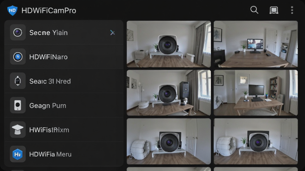 一部手机屏幕显示“HDWiFiCamPro”的设备管理列表,左侧是多个摄像头名称,右侧是各个摄像头的实时画面缩略图,整体界面采用深色主题,图标清晰,画质干净,无多余元素。